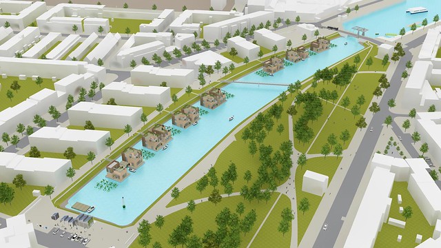 Impressie van de drijvende woonstraat in de Nassauhaven in Rotterdam