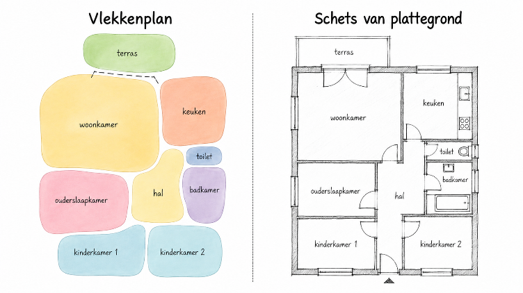 Voorbeeld van een vlekkenplan en een schets van een plattegrond